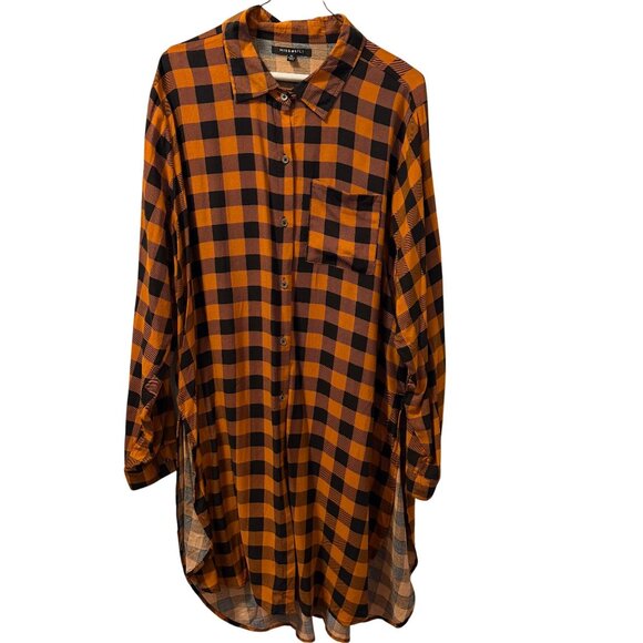 Miss Lili Orange & Black Plaid Button-Down Shirt tunic Sz 2X  100% Rayon women - Picture 6 of 12